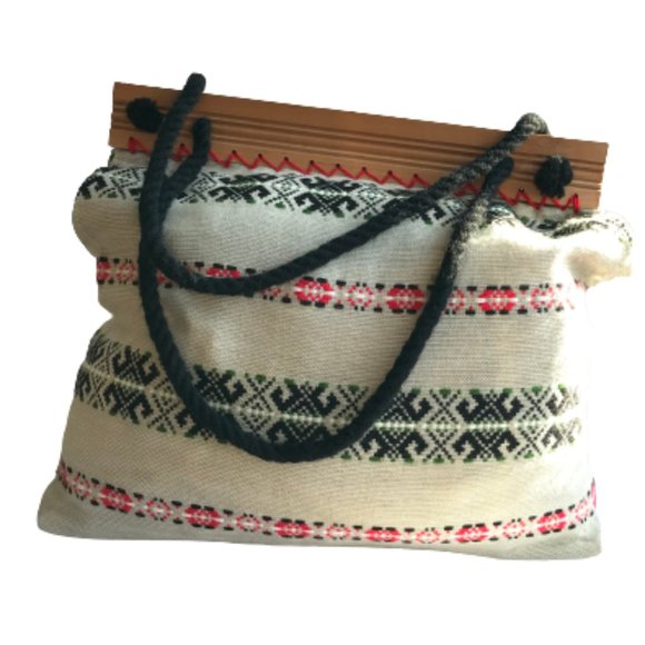 Vintage Tribal Pattern Rope Wood Handmade Tote Bag - Picture 2 of 13